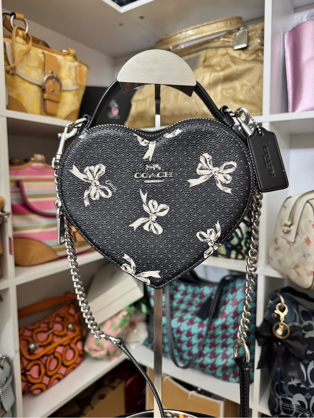 Coach Black Heart Crossbody with White Bow Print